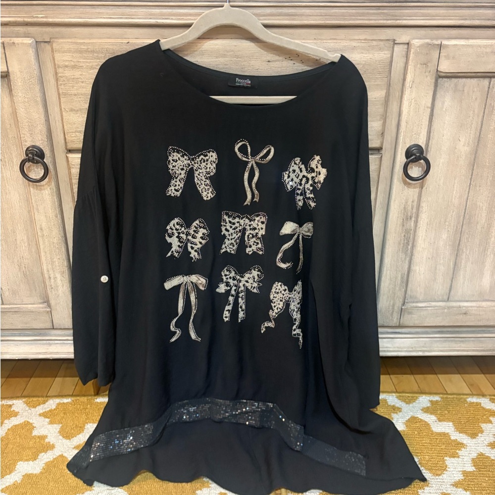 Black Bow-Embellished Women's Long Sleeve Top